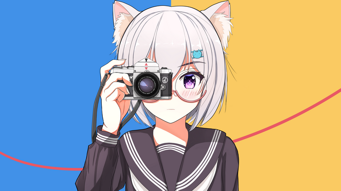 Cat girl with glasses holding a camera