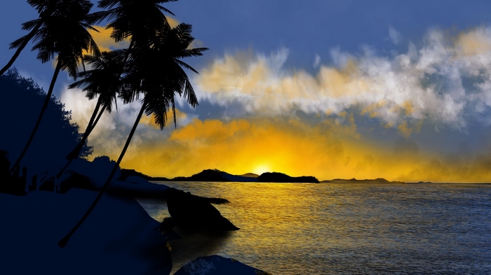 Digital painting of a tropical sunset over the ocean