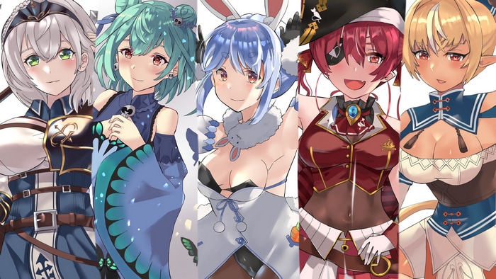 Hololive characters: Shirogane Noel, Uruha Rushia, Usada Pekora, Houshou Marine, Shiranui Flare