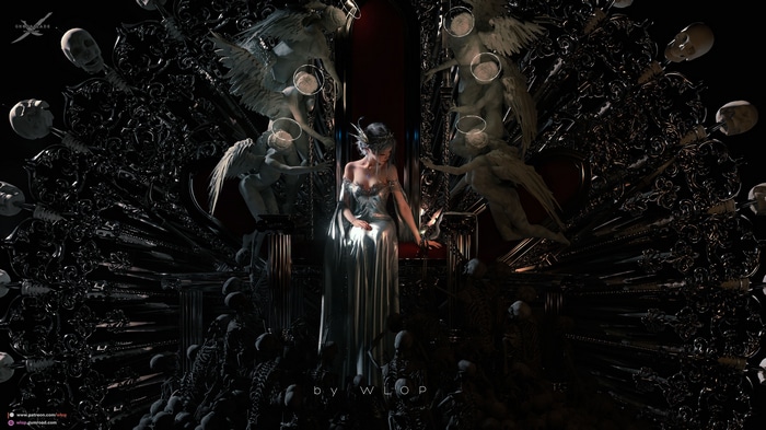 Ghostblade by WLOP: Woman on Throne with Angels and Skulls