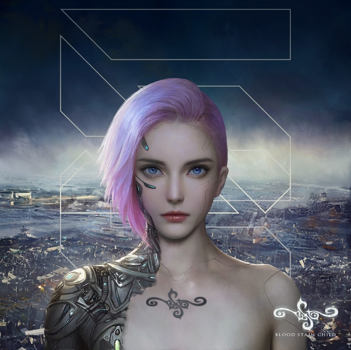 Cyborg woman with pink hair and blue eyes