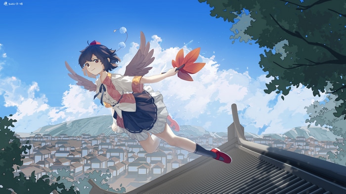 Shameimaru Aya flies over a traditional Japanese town