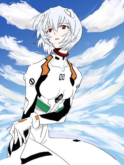 Rei Ayanami in a white plugsuit against a blue sky
