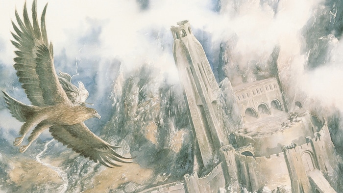 Gandalf riding an eagle near a tower in The Lord of the Rings