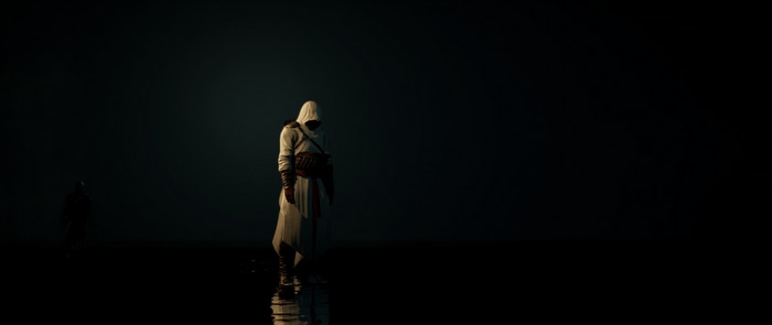 Assassin's Creed character in a dark environment with reflection