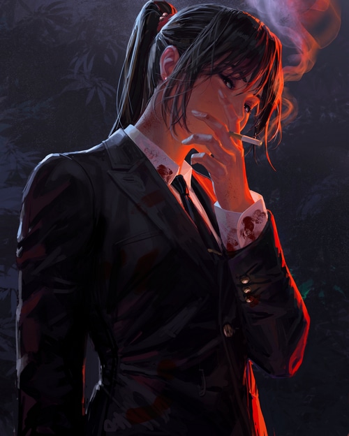 Woman in suit smoking with bloodstains