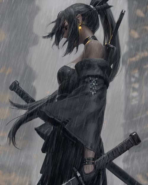 Woman with swords in the rain