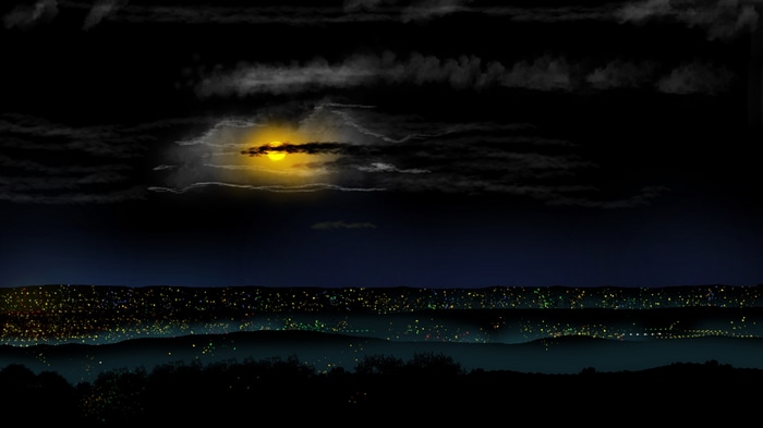 Moonlit night over a city skyline