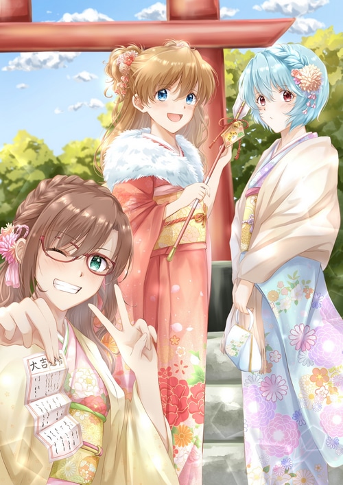 Evangelion Characters in Kimonos at a Shrine