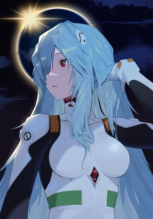 Ayanami Rei in a white bodysuit with blue hair