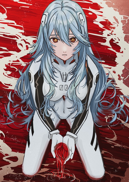 Ayanami Rei in a white bodysuit with red background