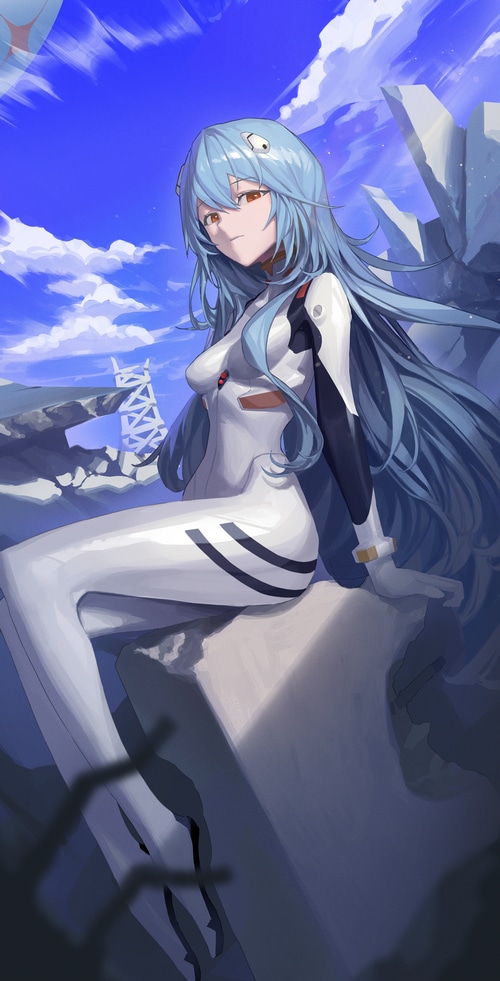 Ayanami Rei in a white bodysuit with blue hair
