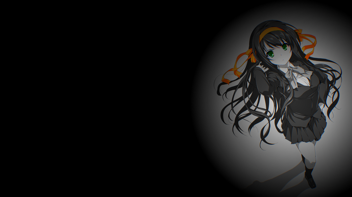 Anime girl with green eyes and orange ribbons