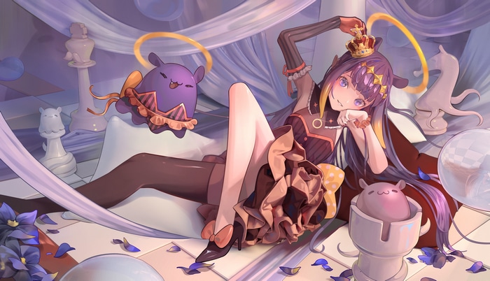 Ninomae Inanis with Takodachi and chess pieces