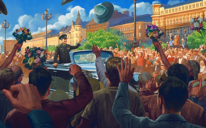 Yuri Gagarin waves to a cheering crowd in the USSR