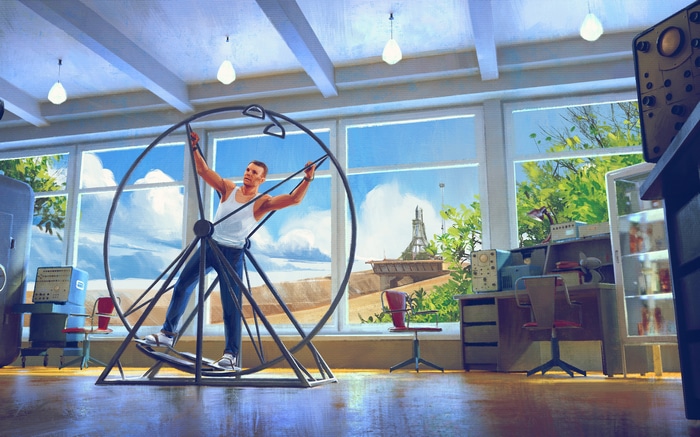 Man training on a large wheel in a laboratory