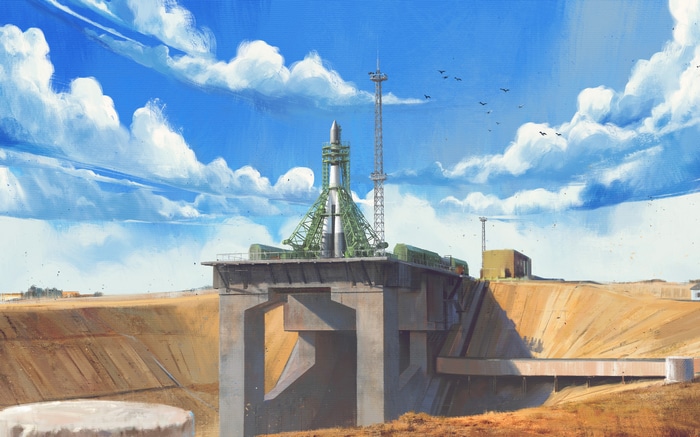 Vostok rocket on launchpad at Baikonur Cosmodrome