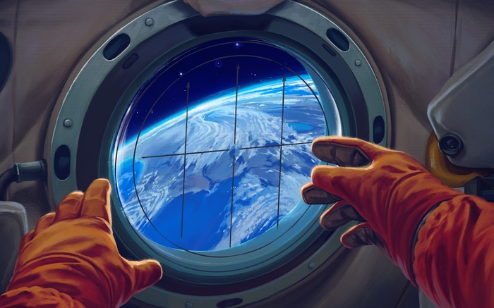 Astronaut looking at Earth from Vostok spacecraft