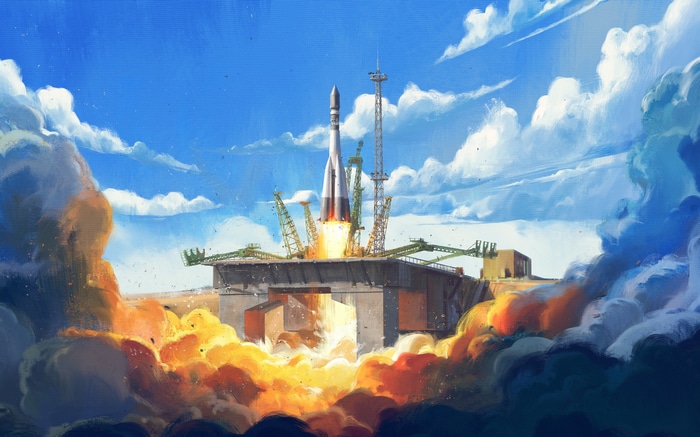 Vostok rocket launching from Baikonur Cosmodrome