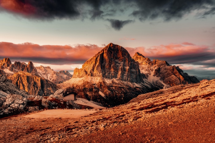 Mountain landscape with a small hut in the Dolomites, Italy
