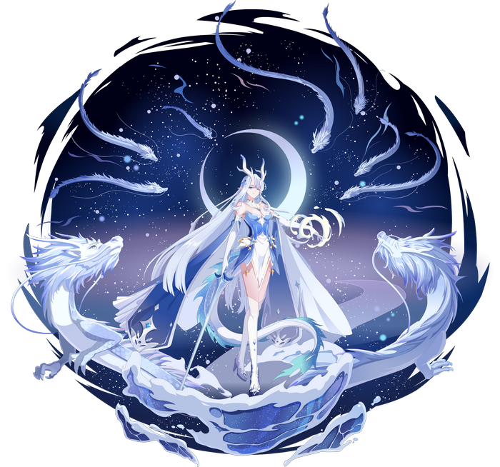 A woman with white hair and dragons under a starry sky