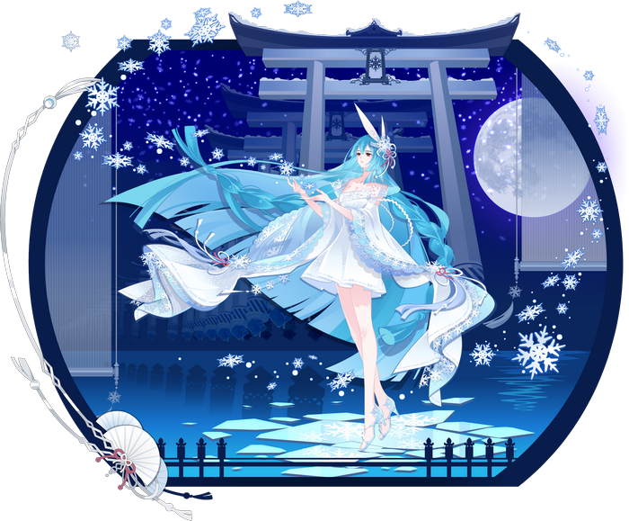 A winter spirit with blue hair and a white dress