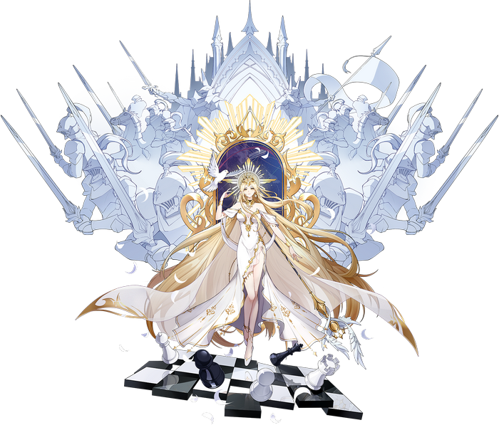 Woman with golden hair and white dress with chess pieces