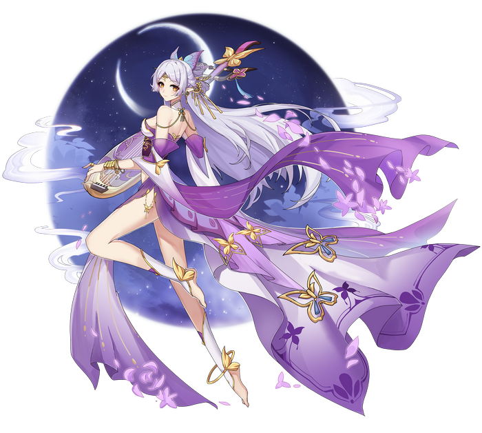 Anime girl with long white hair playing a lute