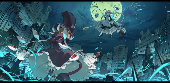 Filia and Eliza fight under the Moon in a ruined city