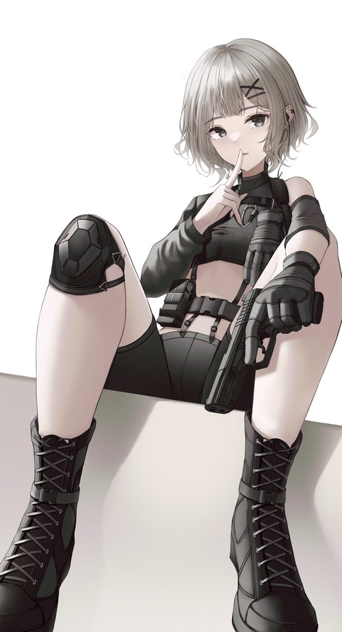 Anime girl in tactical gear holding a pistol
