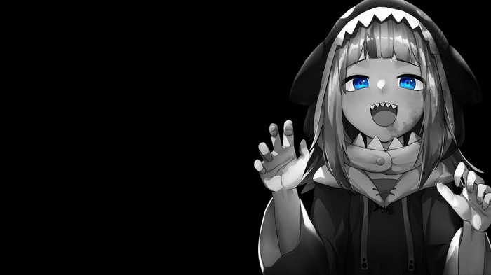 Gawr Gura with blue eyes on black background