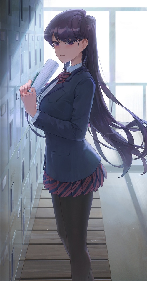 Shouko Komi in a school uniform holding a notebook