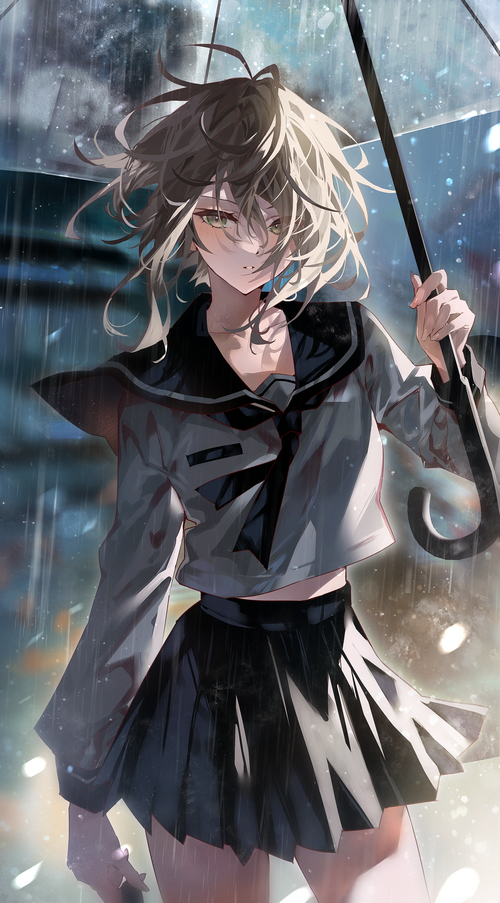 Girl in school uniform holding an umbrella in the rain