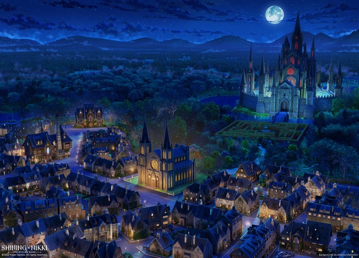 Night view of a medieval town and castle under a full moon