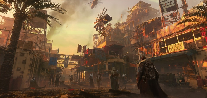 Post-apocalyptic city with windmills and palm trees