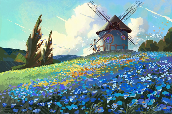 A girl and a cat near a windmill in a flower field