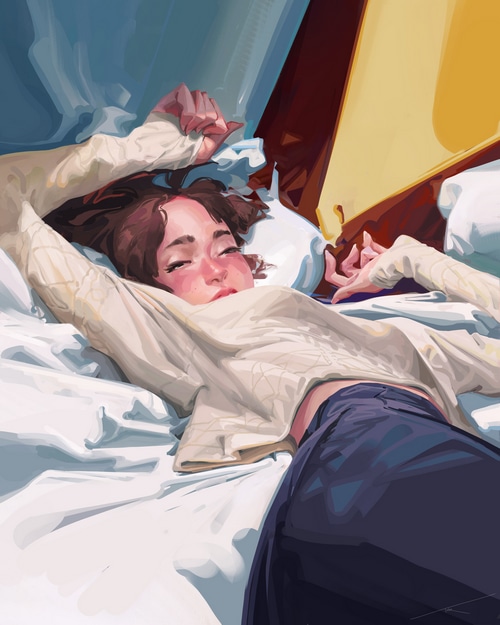 Artwork of a person sleeping in bed