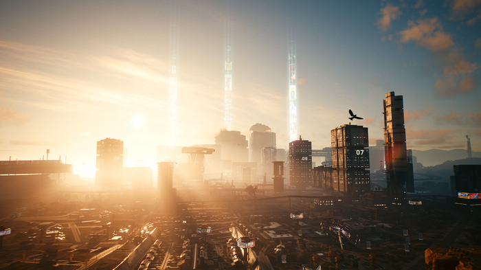 Cyberpunk 2077 cityscape at sunrise with holographic towers
