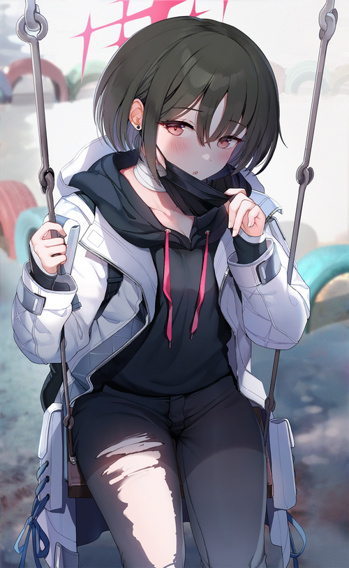 Anime girl with red eyes on a swing holding a mask
