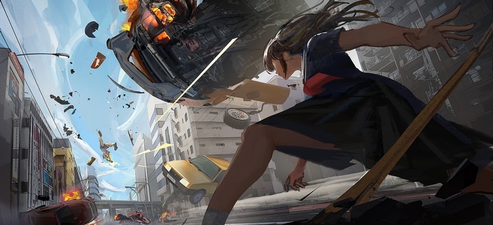 Girl in a school uniform dodges a car crash
