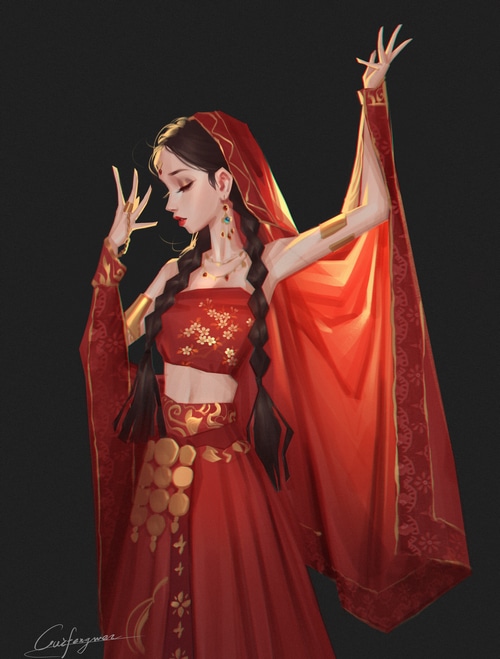 Fantasy art of a woman in red traditional clothing