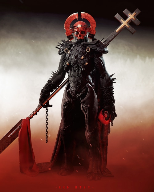 Dark fantasy warrior with skull helmet and cross weapon