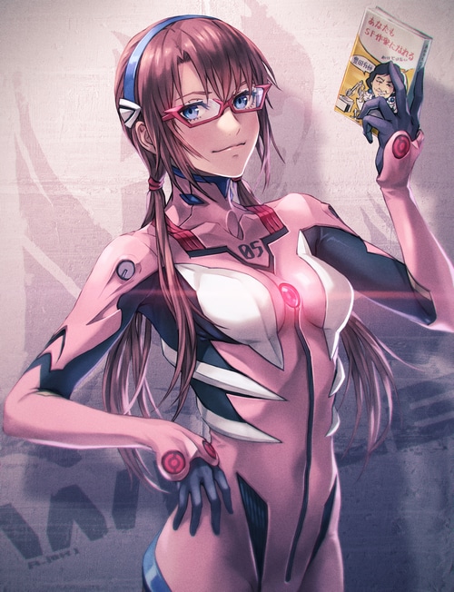 Makinami Mari Illustrious in pink Evangelion plugsuit holding a book