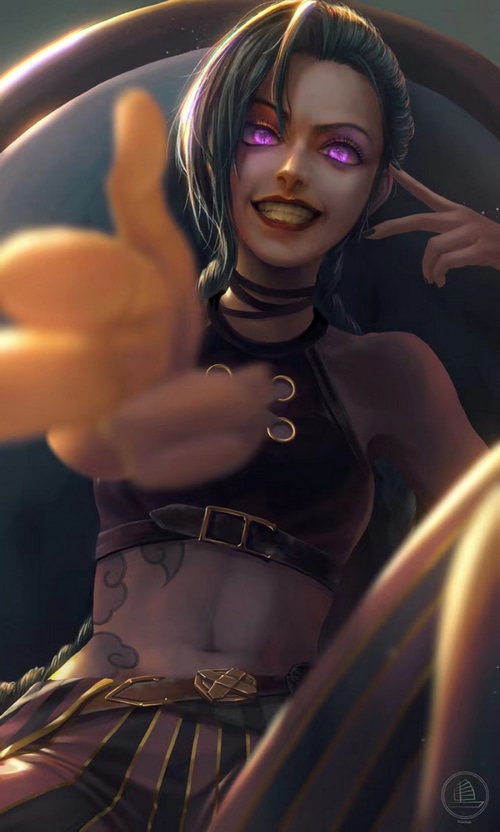 Jinx from League of Legends with glowing purple eyes