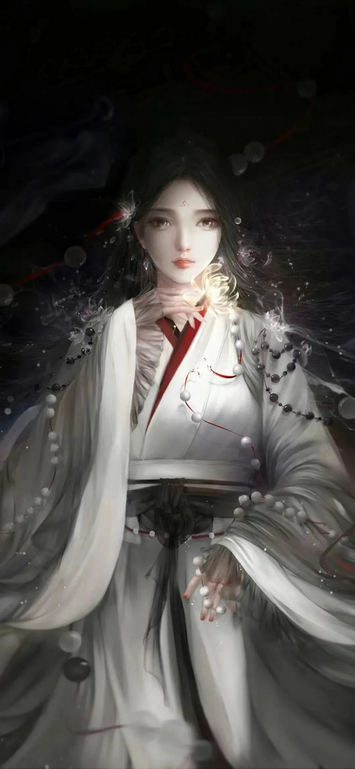 A woman in a white Chinese dress with red trim