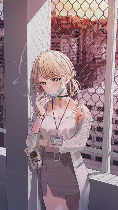 Girl smoking with a beer and mask