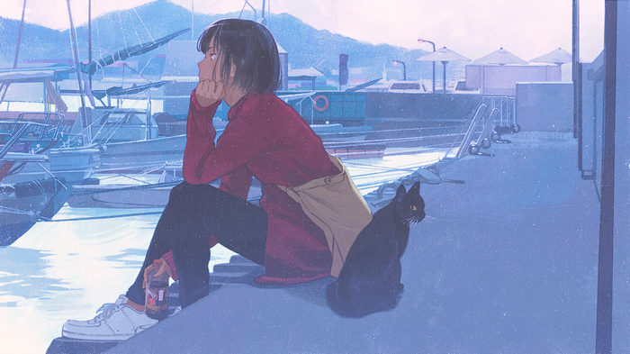 Girl and black cat by the water
