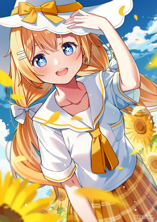 Anime girl with blonde hair and sunflowers
