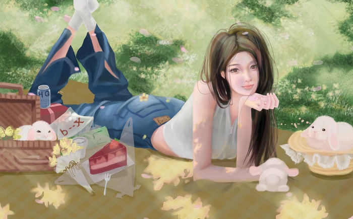 4K picnic with rabbits, cake, and snacks