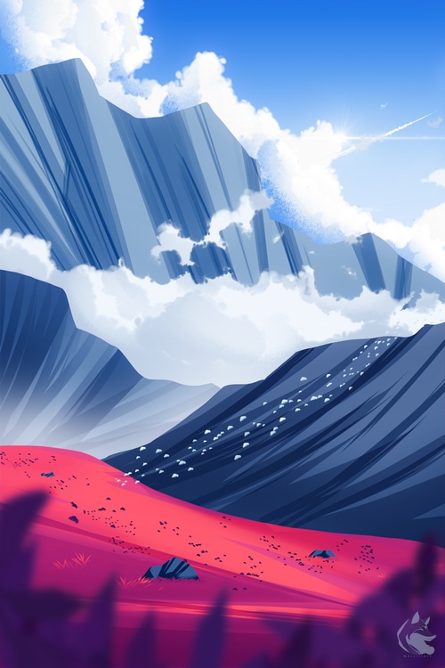 Stylized mountains under a bright blue sky with clouds